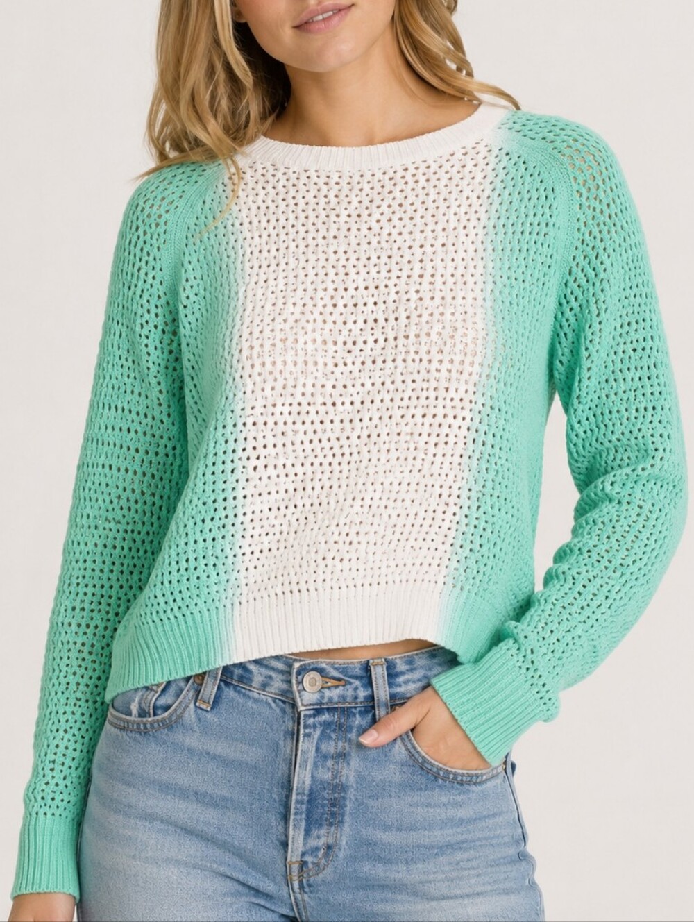 IS-IAE Mint Green White Open Knit Pullover Sweater